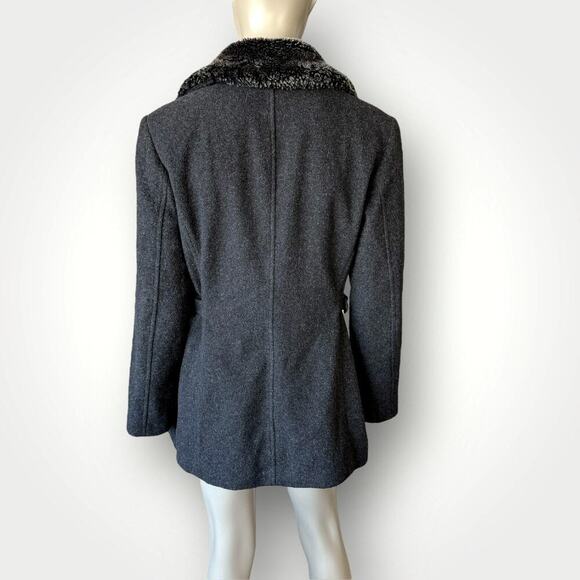 Collection By Gallery Wool Blend Zip Up Peacoat Faux Fur Collar Size L Dark Gray - Picture 2 of 16